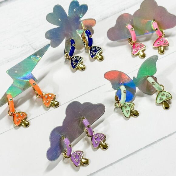 Gold Plated Rainbow Colored Enamel Mushroom Capped Huggie Hoop Festival Earrings - Picture 11 of 13